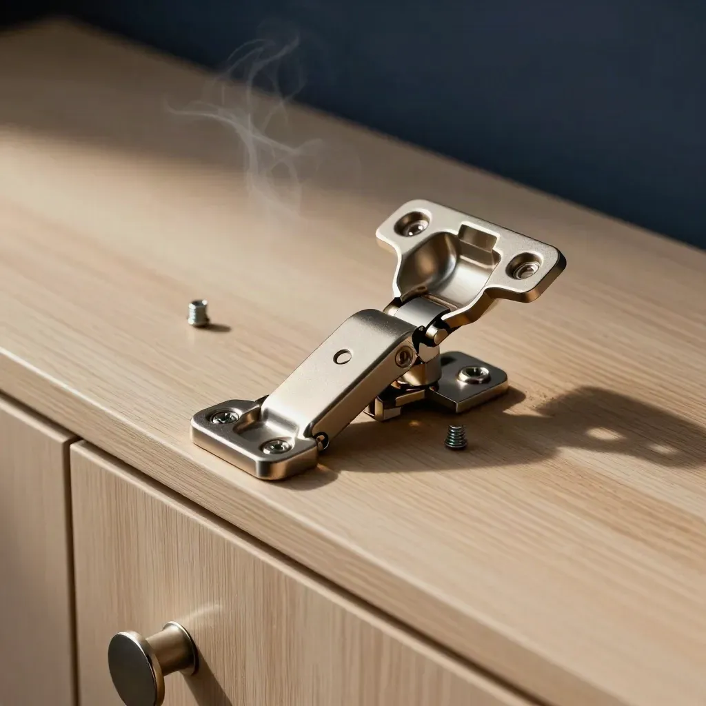 Satin nickel soft-close hinge kit folding shut on a cabinet side in a dim workshop