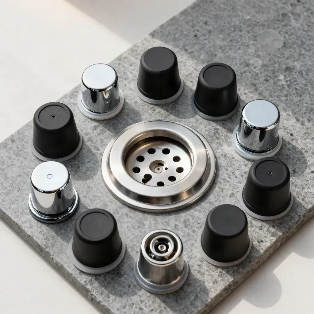 Circular flatlay of sink stopper parts on limestone with chrome and pearl white accents.