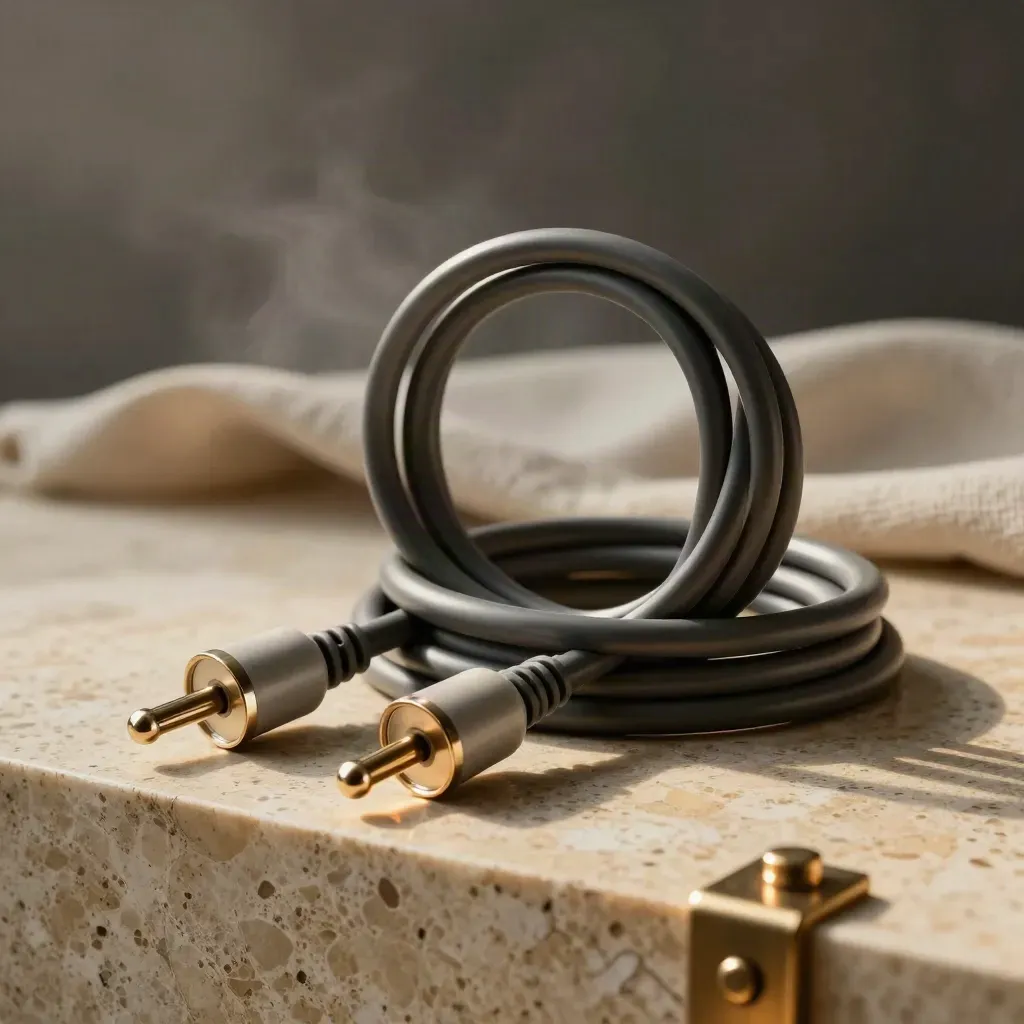 Coiled power cord set with molded plugs and clips on a travertine plinth.