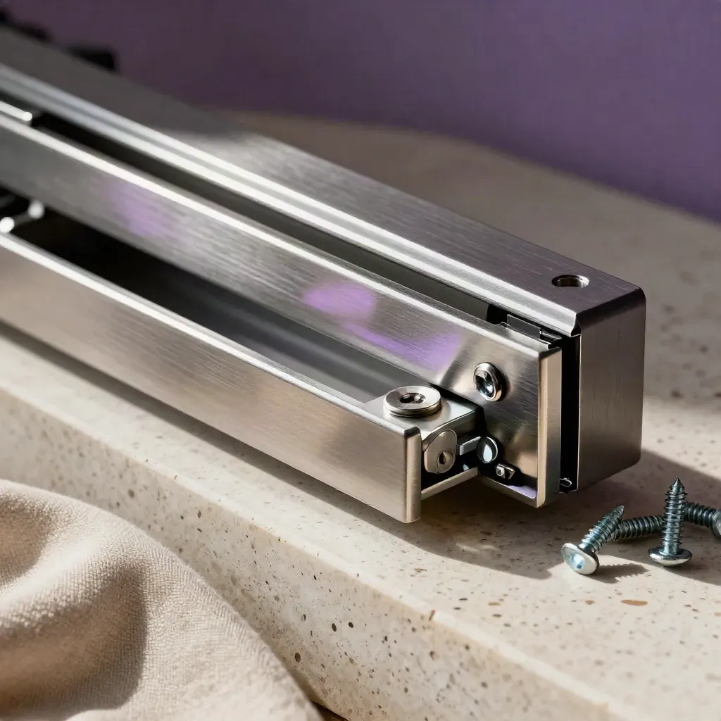 Brushed-steel drawer slide pair opening slightly with screws on pale travertine in soft light.