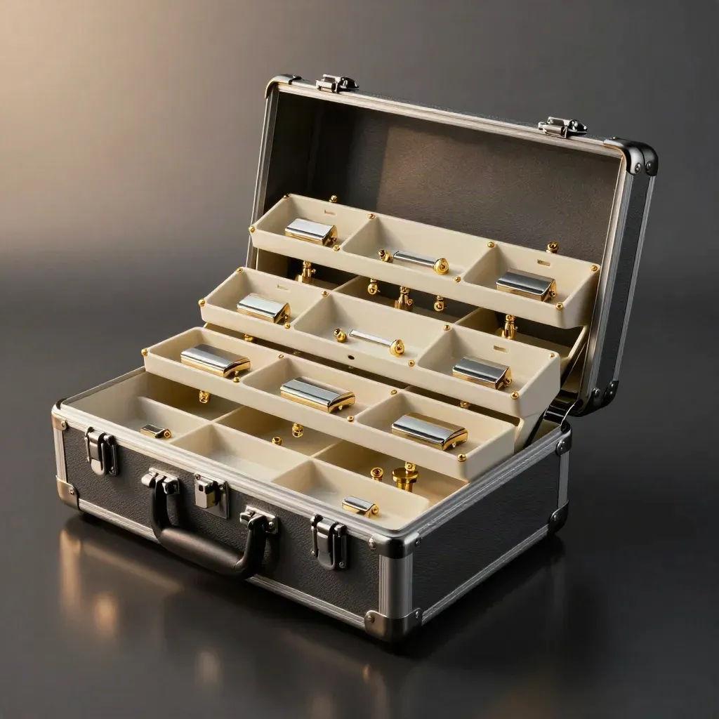 Open repair parts kit with screws, clips, spacers and trays glowing on a dark studio surface.