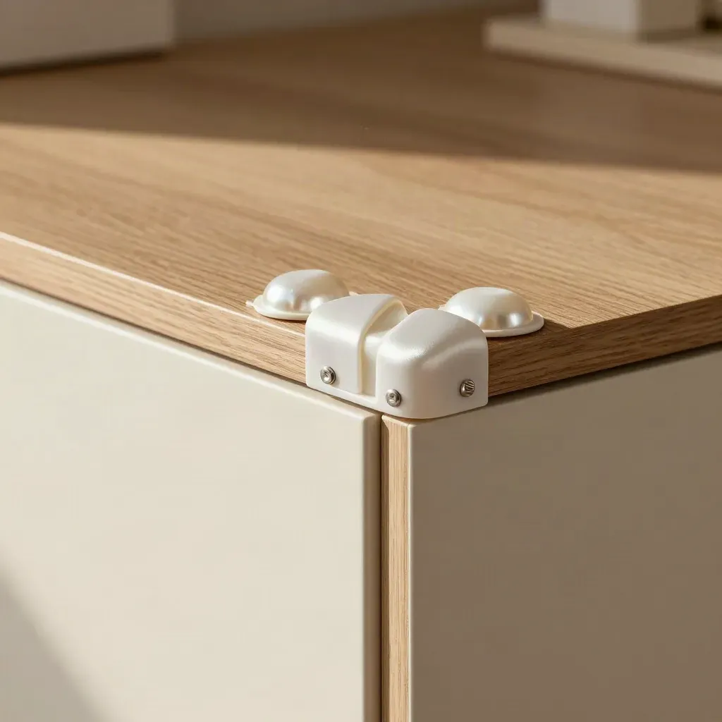 Furniture corner kit installed on a pale wood cabinet edge in soft natural light