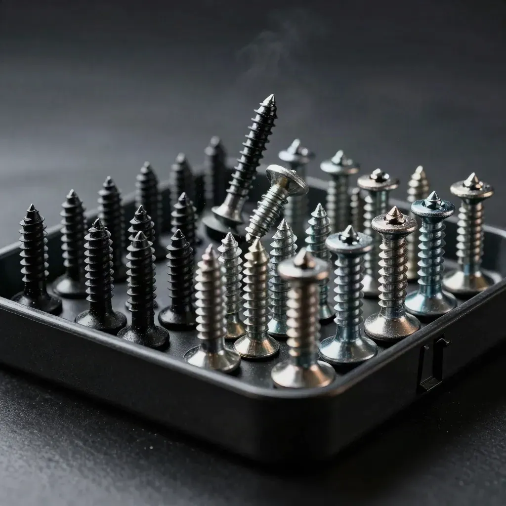 Dark product shot of black and silver mounting screws in a divided tray with a small bracket edge.